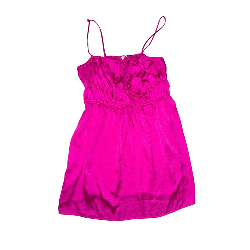 Free People Mini Dress Womens Medium Pink Satin Babydoll Spaghetti Strap‎